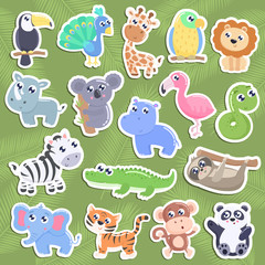 Cute jungle animal stickers. Flat design.