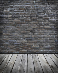 Vintage room. Stone or brick gary wall and gray wooden floor.