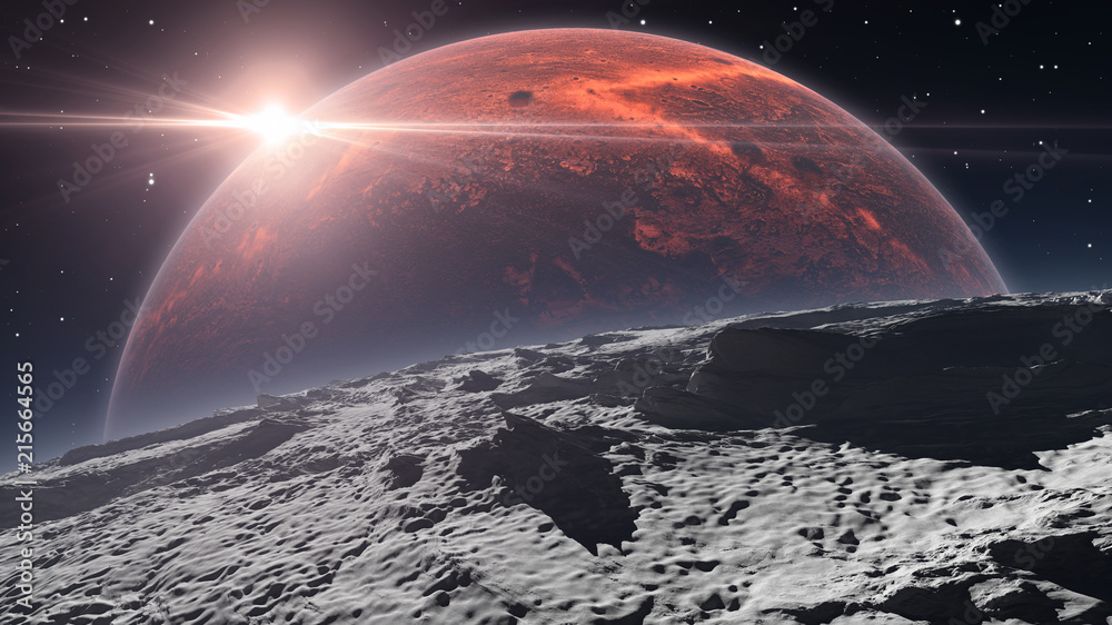 Poster sunrise over the phobos with red planet mars in the background