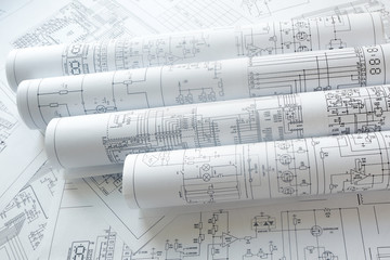 Electronics and Engineering. Printed drawings of electrical circuits. Science, technology and...