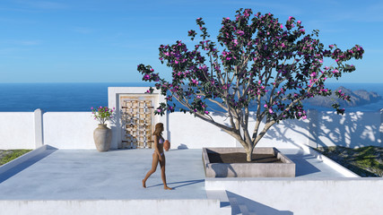 Illustration of a woman in a bikini on a rooftop terrace