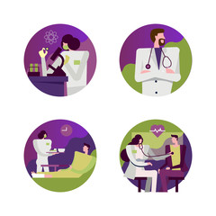 Hospital and Medical scene icons. Doctor test blood exam, Patient food time, Doctor check up heart rate, doctor avatar. flat design vector illustration