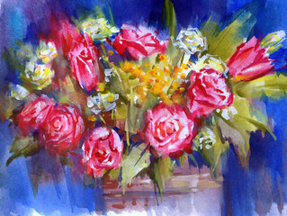 Abstract bright colored decorative background . Floral pattern handmade . Beautiful tender romantic bouquet off rose flowers   , made in the technique of watercolors from nature.