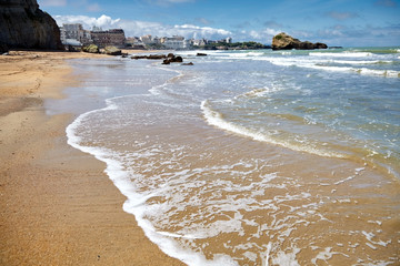 Biarritz city and its famous sand beaches - Miramar and La Grande Plage with ocean waves , Bay of Biscay, Atlantic coast, Basque country, France. Summer sunny day - obrazy, fototapety, plakaty