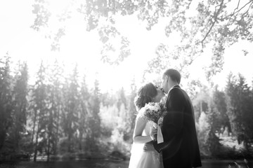 Bride and groom kissing in the forest. Sunny summer day. Black and white image