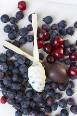 Two chocolate candies with cherry and shadberries