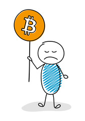 Angry stickman showing bitcoin icon. Vector.