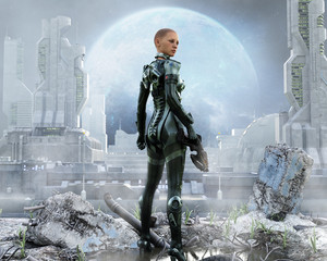 Armored female soldier posing in front of a futuristic city. 3d rendering © Digital Storm