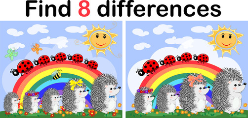 Find the differences between the pictures. Children's educational game. A hedgehog artist on a clearing with a rainbow draws on an easel
