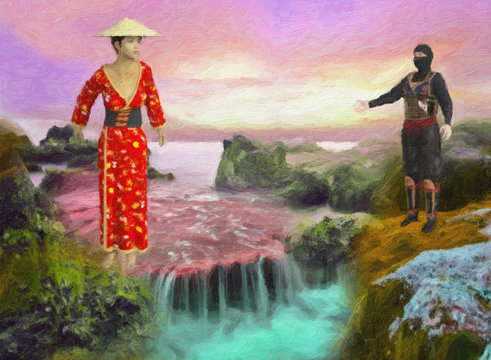 Painted Style Illustration of colorful Asian Waterfall Scene