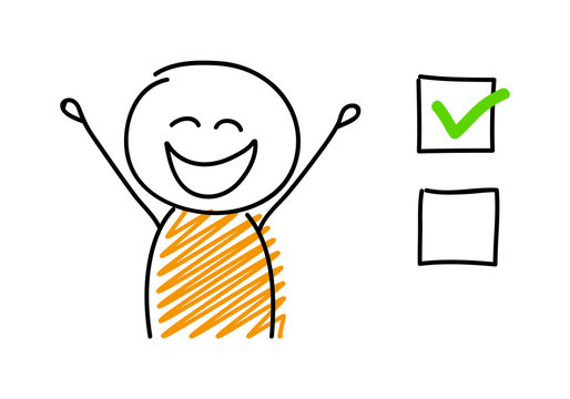Funny stickman with facial expession and tick icons. Vector.