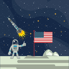 Astronaut on moon with USA flag and spaceship flying vector illustration graphic design