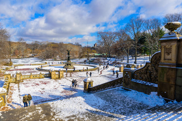 Winter Scenery in Central Park of New York City with ice and snow, USA