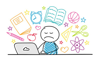 Hand drawn school elements with funny stickman working o laptop. Vector.