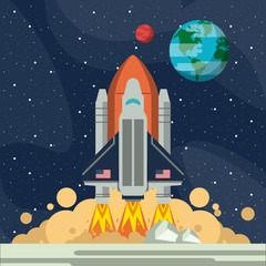 Spaceship taking off from moon at galaxy vector illustration graphic design