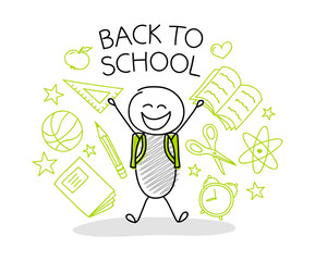 Back to school - hand drawn stickman with school accessories. Vector.