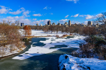 Obraz premium Lake in the Central Park of New York City in winter scenery, USA