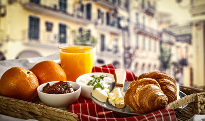 Summer photo of breakfast in city and free space for your text. 