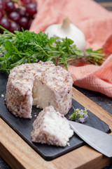 French soft cheeses, variety of different taste goat milk natural cheeses on granite plate close up sesrved as dessert