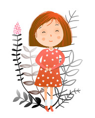 Little teenager Girl cartoon with florals. Vector illustration.