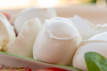 Fresh soft Italian white cheese mozzarella buffalo, original from Campania, Paestrum and Foggia regions, South Italy, served with tomatoes and fresh basil