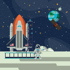 Spaceship taking off from moon at galaxy vector illustration graphic design