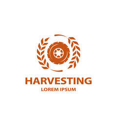 Obraz premium Flat truck wheel and spikelets icon. Harvesting logo template for the business card, branding and corporate identity.