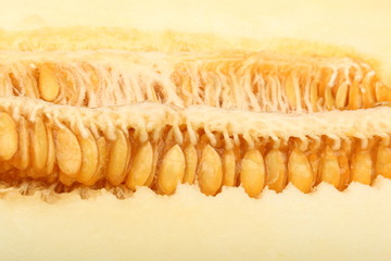 A view of a ripe melon with seeds cut in half close-up