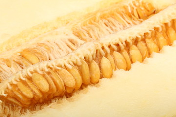A view of a ripe melon with seeds cut in half close-up