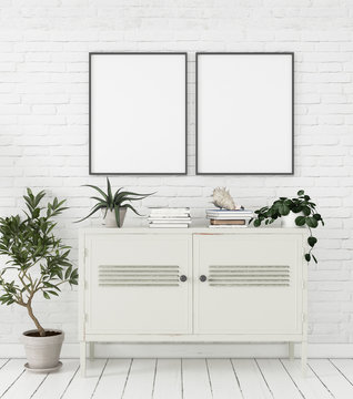 Mock-up poster in Scandinavian style home interior with chest of drawers and plants, 3d render