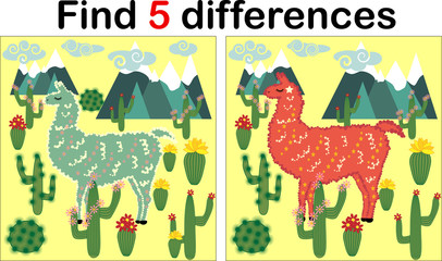 Find the differences between the pictures. Children's educational game. Sweet llama, alpaca among cacti and mountains