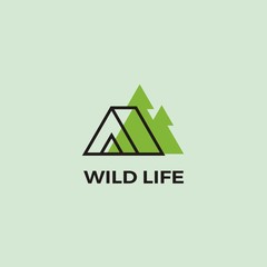 Vector outline logo of tent in wood. Camping and travel design template