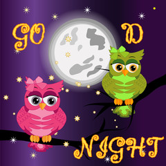 Good night card with moon and cute owl