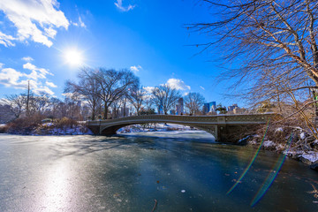 Bow bridge in the winter at sunny day, Central Park, Manhattan, New York City, USA