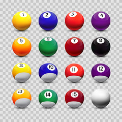 Assorted billiard balls isolated on transparent background. Vector design elements.