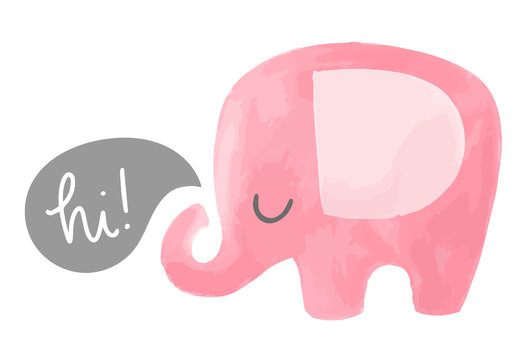Elephant vector illustration with speech bubble saying hi. Cute hand drawn baby illustration.