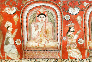 Ancient graffiti about historical people worshiping Buddha, on fresco of the 14th century temple. Sri Lanka painting.