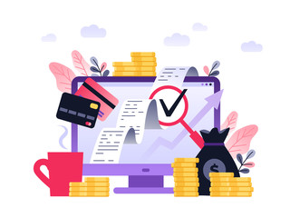 vector illustration of virtual business assistant. flat icon on computer is money, cards investment management. graphic design business concept mobile assistant, mobile banking.