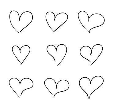 Vector Hand Drawn Hearts Set, Doodle Drawings Love Symbols, Isolated on White Background Illustration.