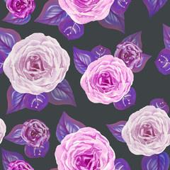 Modern watercolor roses with leaves seamless pattern on dark background