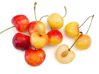 Sweet and healthy Rainier cherries on white background, fresh fruits