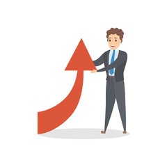 Man holding a red arrow pointing up