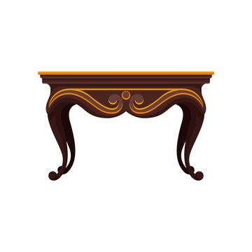 Flat Vector Icon Of Antique Wooden Table For Dining Room. Luxury Decorative Item For Interior. Vintage Home Furniture