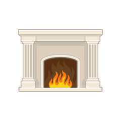 Flat vector icon of classic marble fireplace with fire for living room. Element of home decor