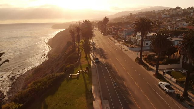 Aerial Shot of Sunset Coastal Road in San Pedro California USA