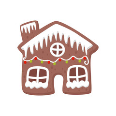 Gingerbread house decorated with white icing. Tasty holiday cookie. Christmas sweets. Flat vector for party invitation or greeting card