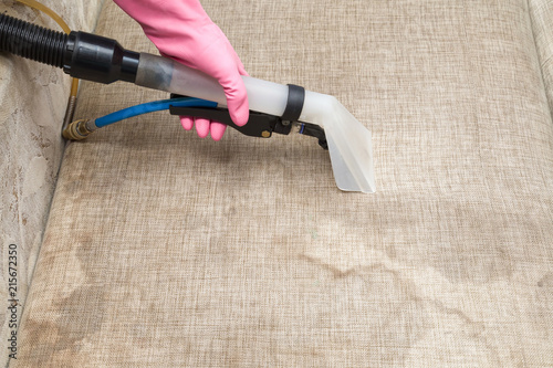 Dry Cleaner S Employee Hand Cleaning Dirty Sofa With