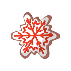 Flat vector icon of delicious gingerbread in shape of snowflake. Tasty Christmas cookie decorated with colored icing. Holiday sweets