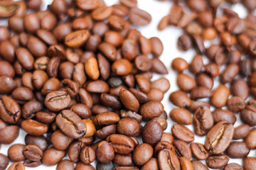 Coffee beans close up, white background