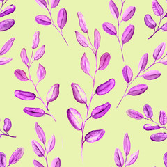 Seamless Realistic Watercolor Greenery Pattern. Hand Drawn Eucalyptus Leaves and Branches Print. Summer, Spring Forest Herbs, Plants Texture. Foliage in Vintage Style. Nature Eco Friendly Concept.